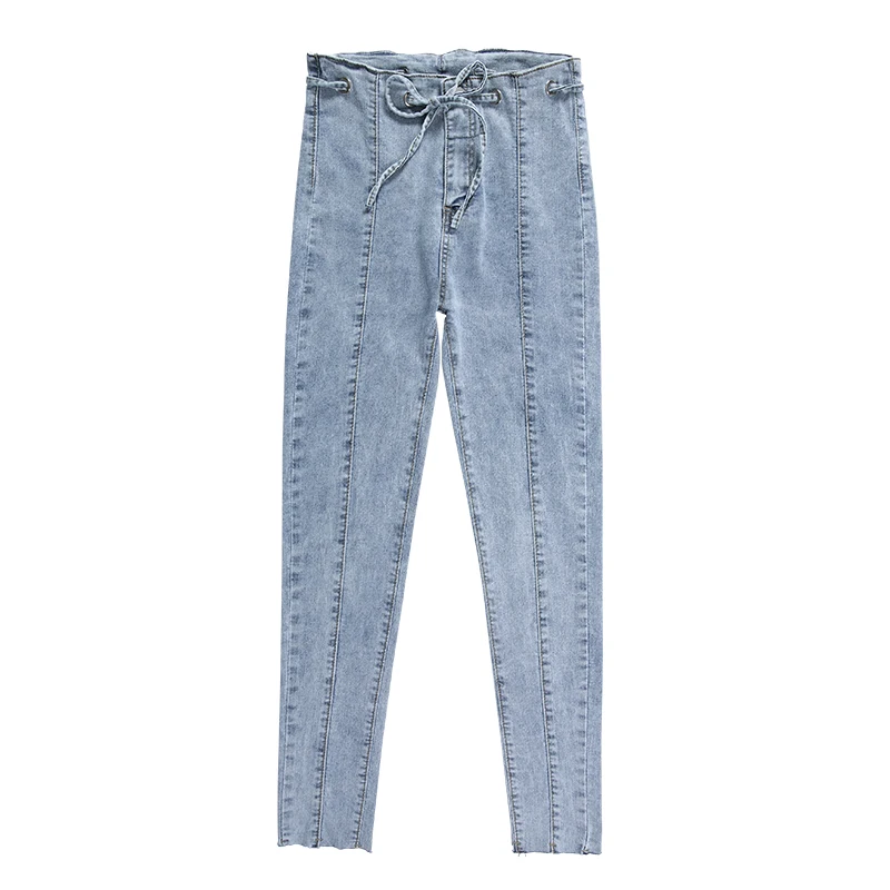 Женские джинсы, новинка, с бантиком, высокая талия, длина по щиколотку, джинсы для женщин, тянущиеся, обтягивающие, узкие брюки, винтажные, тонкие, джинсовые штаны