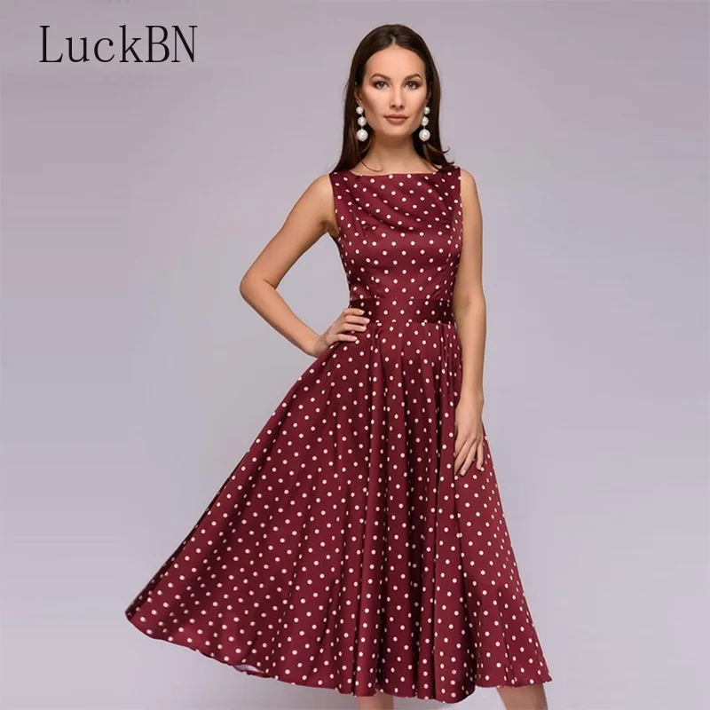 

Women Vintage Polka Dot Print Dress Elegant Party Summer O-neck A Line Slim Mid-calf Dress Red Sleeveless Dresses Belt Vestidos