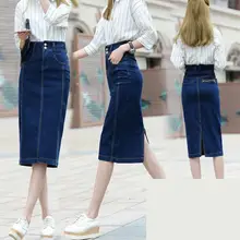 Новая весенне-осенняя Корейская стрейчевая Модная Джинсовая юбка средней длины с высокой талией и разрезом для девочек размер 30-40