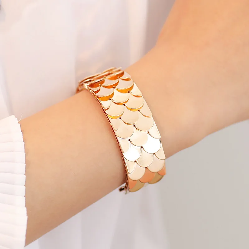 

Metal Sequins Bracelet Vintage Open Adjustable Bangle Wide Alloy Glossy Plating Fish Scale Bracelet Fashion Jewelry Accessories