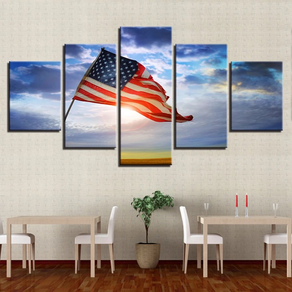 Холст Картины Wall Art рамки 5 шт. американский флаг-перо под голубое небо фотографии