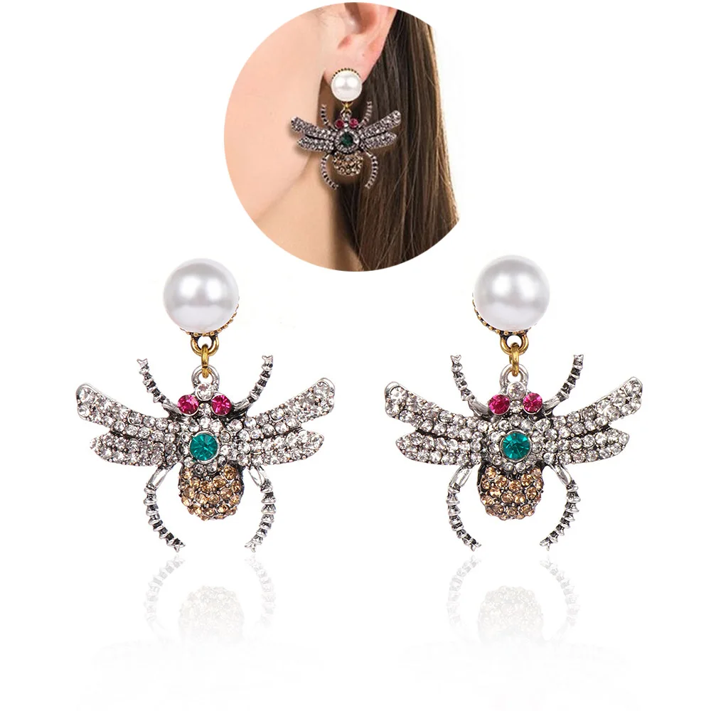 

1Pair New Women spider Earrings Creative Elegant Style Rhinestone Insect with Glass Stone Bee Earrings Party Fashion Jewelry