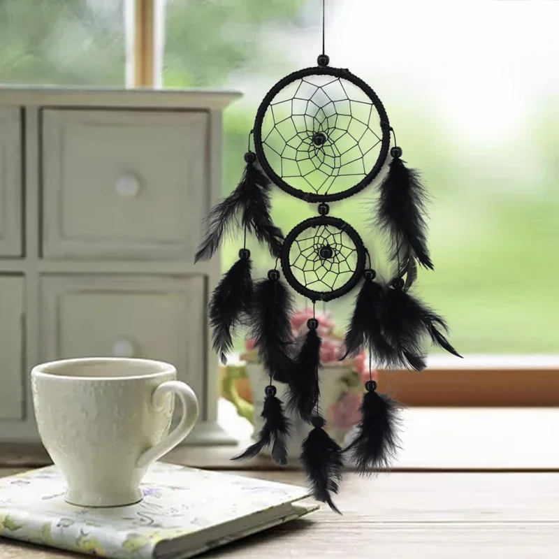 

Simple Modern Style Solid Dream Catcher Double Ring Handmade Feather Ornaments Living Room Decoration