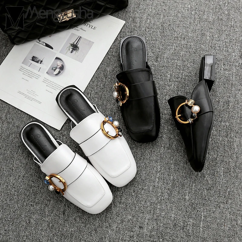 

mules shoes women crystal circle buckle square toe slippers spring summer new low heel slides woman close toe mules femme terlik
