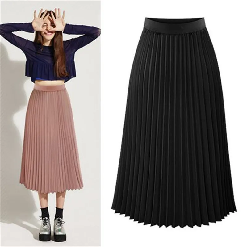

2016 Long Maxi Skirts For Women Chiffon Vintage Pleated Skirt Womens High Waist Black Ladies Skirts NQ073