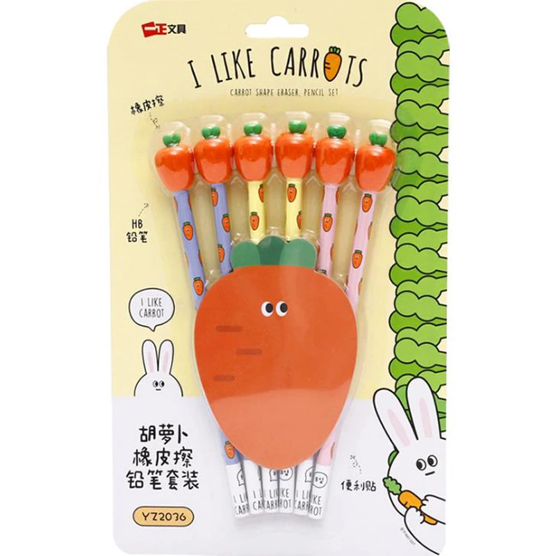 

6 Pcs/pack Kawaii Vegetable Carrot Radish HB Wooden Pencils with Eraser Cap Memo Pad Sketch Painting Standard Pencils Stationery