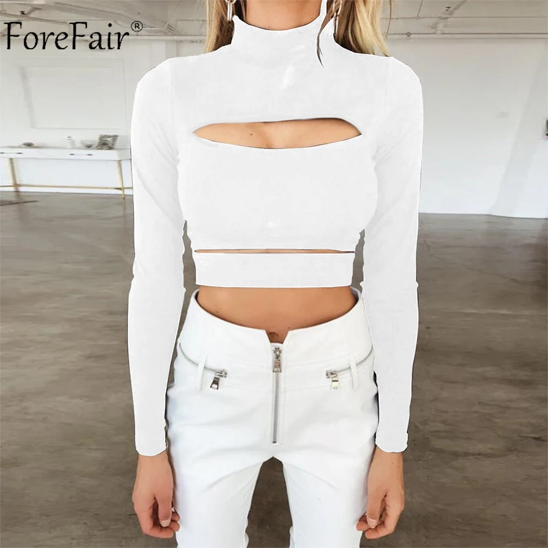 Forefair Turtleneck Cut Out Sexy Crop Top Women Autumn 2018 Cropped Top White Black Winter Long Sleeve Shirt Women