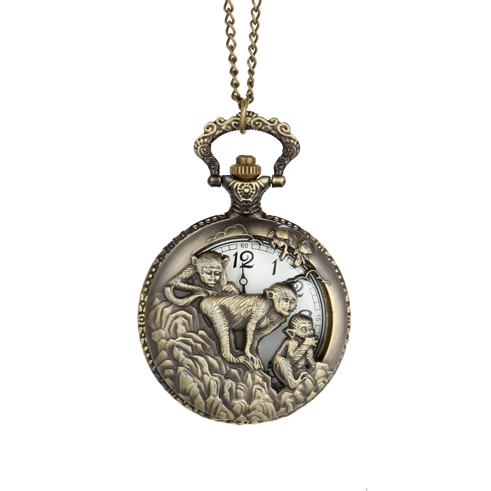 

Vintage Chinese Zodiac Monkey Quartz Pocket Watch Necklace Pendant Chain Clock for Women Men Gifts LL@17