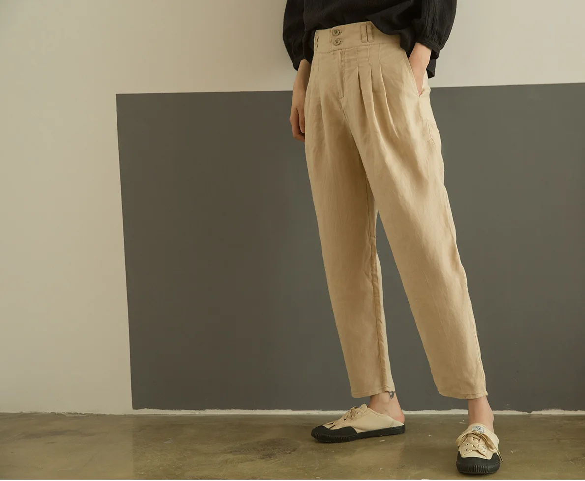 Новинка года. Повседневные однотонные льняные женские брюки длиной до щиколотки. Свободные японские брюки с высокой талией и пуговицами на молнии. Сезон лето