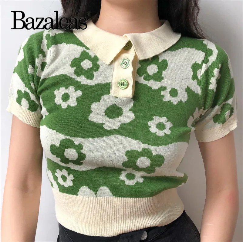 Bazaleas отложной воротник Мода harajuku тройник зеленый цветочный пэчворк женская футболка винтажная трикотажная футболка женская Прямая