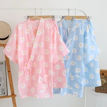 Японский кимоно стиль с коротким рукавом Хлопок пижамы комплект Топ Брюки женские летние спортивные костюмы