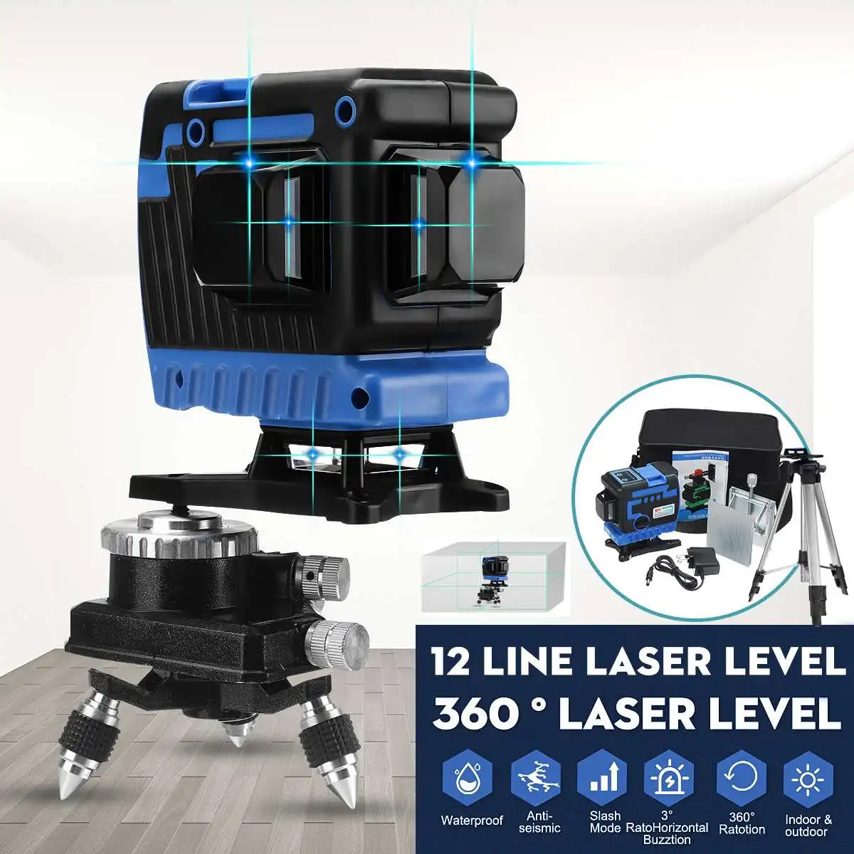

12 Lines Laser-Level Green/Blue Self-Leveling 3D 360 Degree Floor Tile Measure Tools Flexibility Stability Waterproof Shockproof