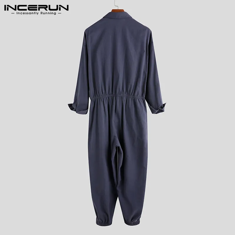 INCERUN Men's Trend Personality Jumpsuit Retro Solid Color Lapel Long Sleeve Tooling Jumpsuit Men Suit New Fashion Tumpsuit