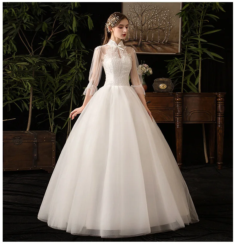 vintage wedding dresses 2022 New High Neck Three Quarter Sleeve Wedding Dress Sexy Illusion Lace Applique Plus Size Vintage Bridal Gown Robe De Mariee L reception dress for bride