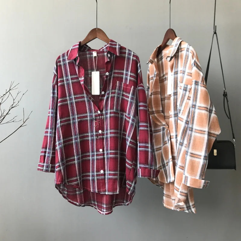 

Classic Plaid Cotton Linen Shirts Female 2018 New BF Style Casual Loose Korean Shirts For Women Turn down Collar Tops and Blouse