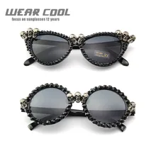 Носите крутые панк солнцезащитные очки со стразами кошачий глаз женские черные круглые солнцезащитные очки с черепом для женщин вечерние праздничные хип-хоп модные