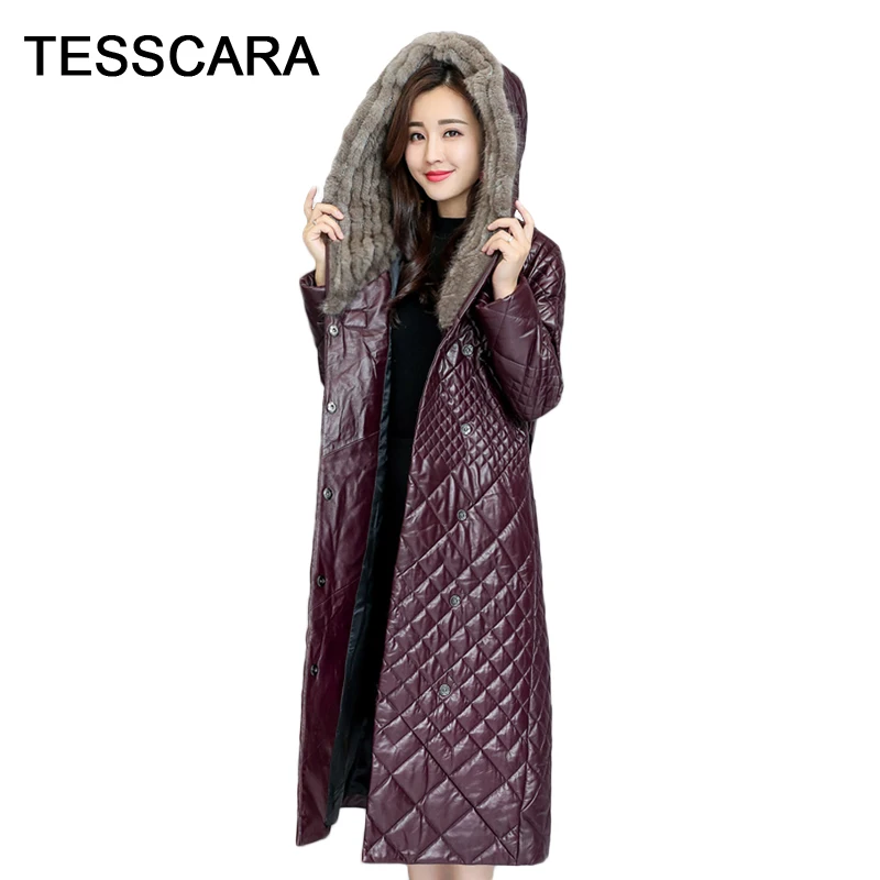 Женская зимняя длинная куртка с капюшоном, пальто, Большие меховые теплые с поясом, в клетку, ПУ перо, пальто, новая мода, тонкая, размера плюс, женская верхняя одежда