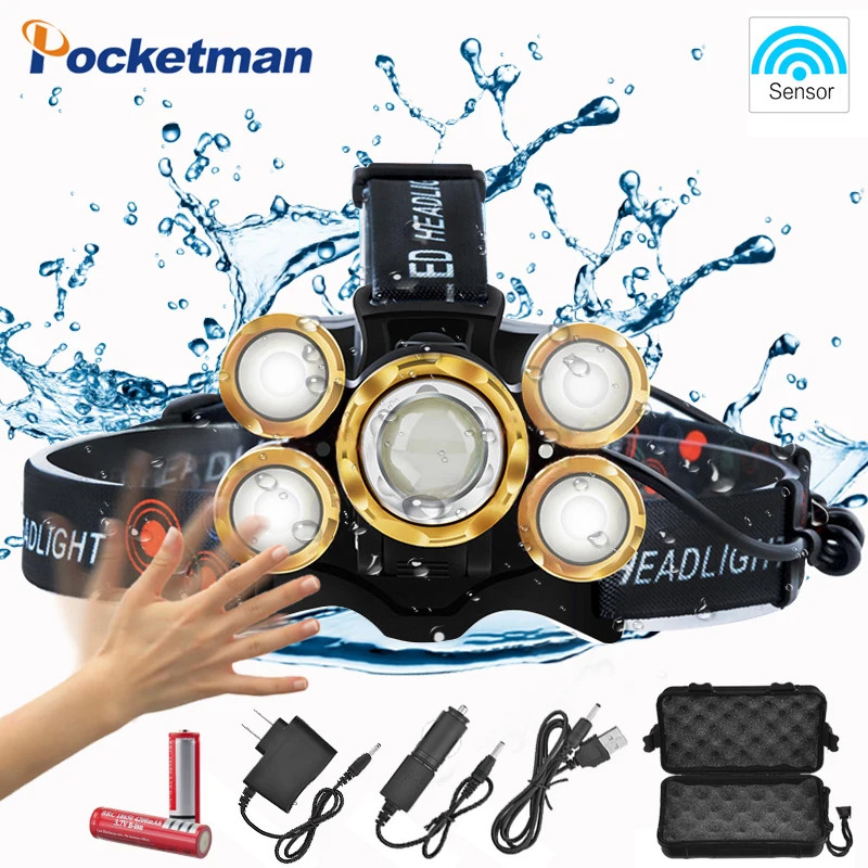 

Sensor LED Headlamp 50000Lums T6 headlight Zoomable High Power Lamp Waterproof Flashlight Torch camping light for 18650 battery