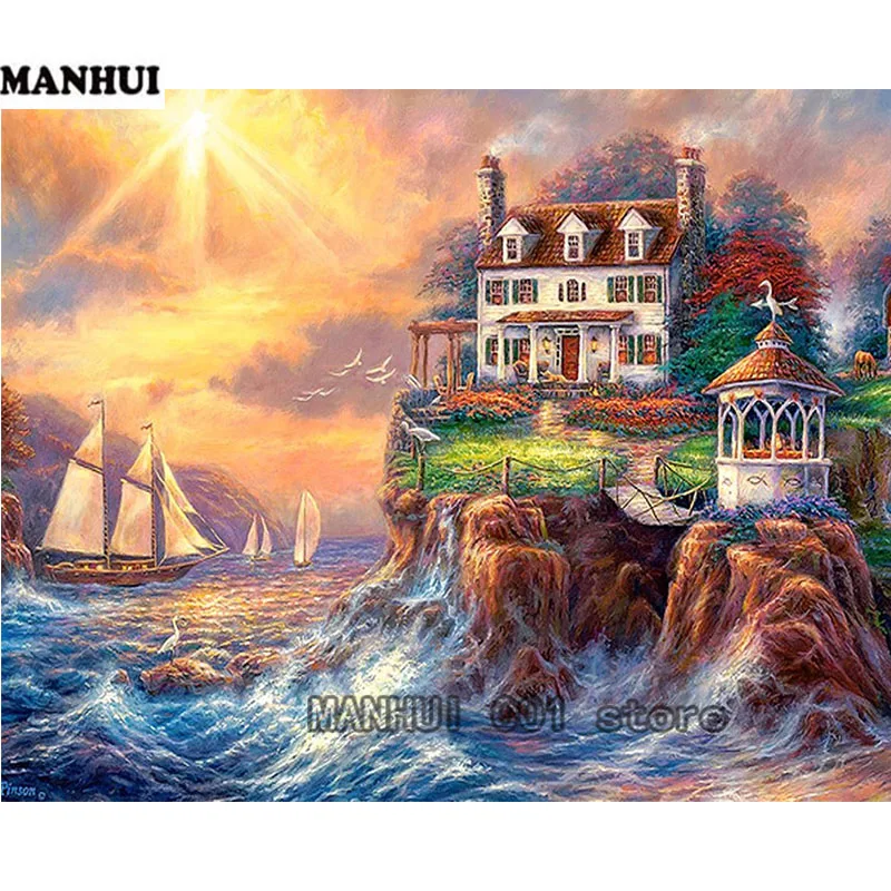 DIY квадратный алмаз вышивка Seaside Villa 5D картина вышитая бисером мозаичные