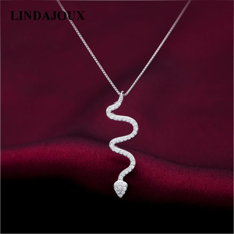 

LINDAJOUX Real 925 Sterling Silver Full Zircon Snake Pendant Necklace For Women Fine Necklaces & Pendants