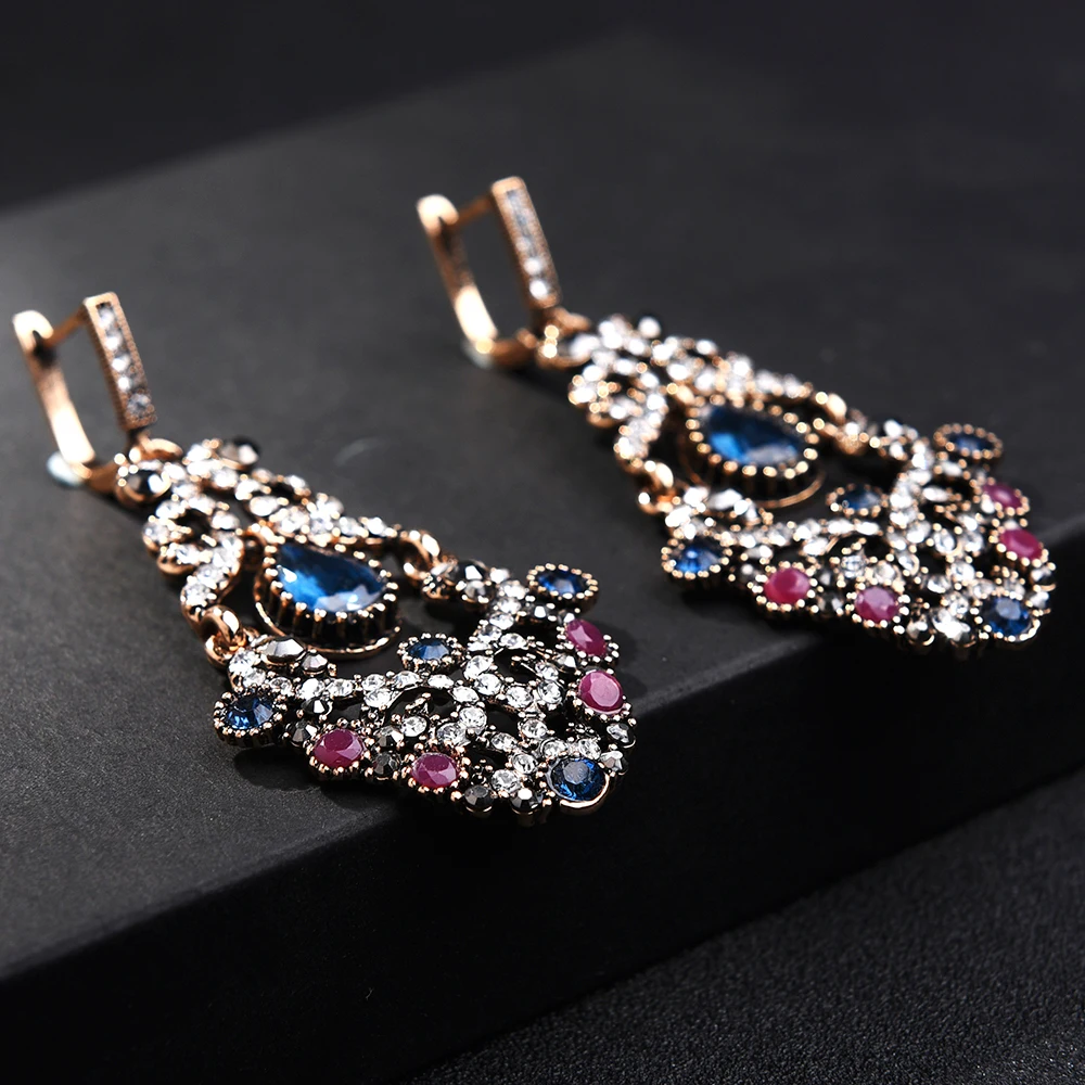 

Blue Crystal Vintage Retro Earrings Long Ethnic Turkish Swinging Hook Earrings Princess Luxury Women Wedding Costume Jewelry
