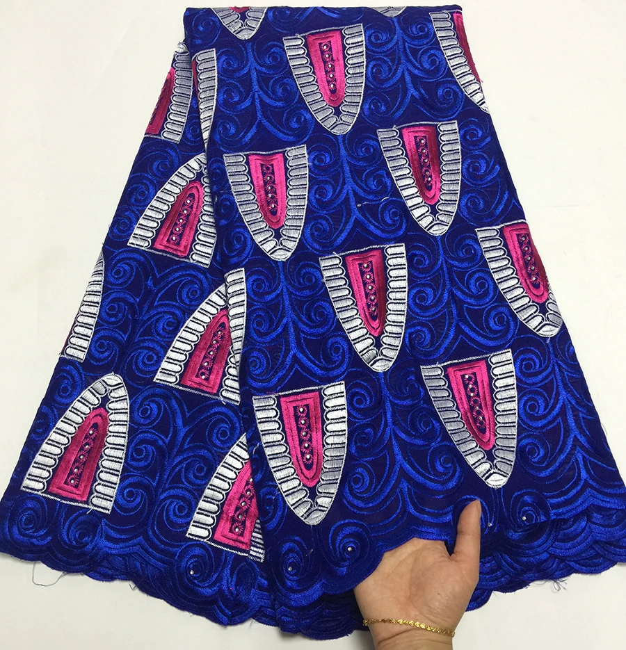 

Latest Roayl Blue Embroidered cotton African lace fabrics high quality with stones African dry lace fabric for wedding dress