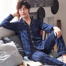 Men Мужская пижама, пижама клетчатая, хлопковая, ночная рубашка с длинными рукавами, Мужская одежда для сна, большие размеры, ночная рубашка, осенняя домашняя одежда