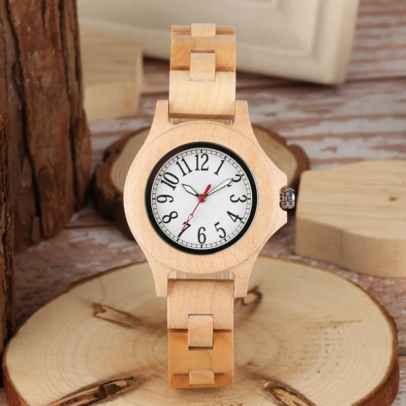 

Pure Little Cute Round Dial Chic HOur Clock Full Bamboo Wood Watch Women Quartz Wooden Bracelet Watch Women's Wrist Reloj Mujer