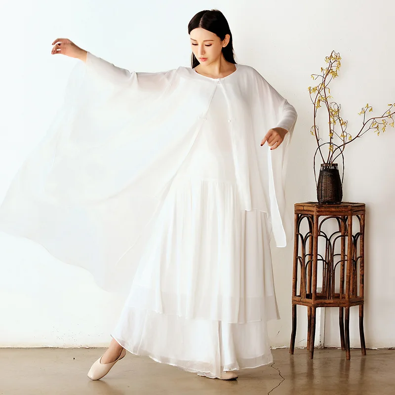 Новый дзен платье для танцев белый элегантный шифон морщин китайский стиль дзэнское платье