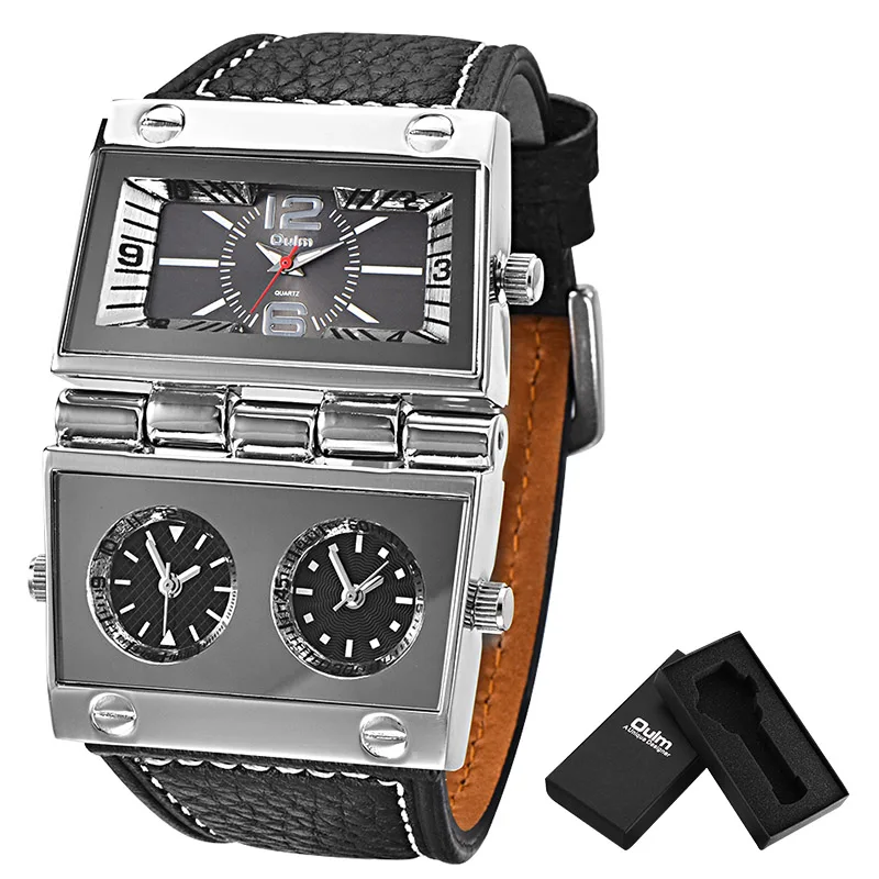 Black(with box) Новые мужские спортивные часы с двойным дисплеем Oulm, мужские часы, большие размеры, модные уличные часы, кожаные кварцевые часы, Relogio Masculino - Цвет: Black(with box)