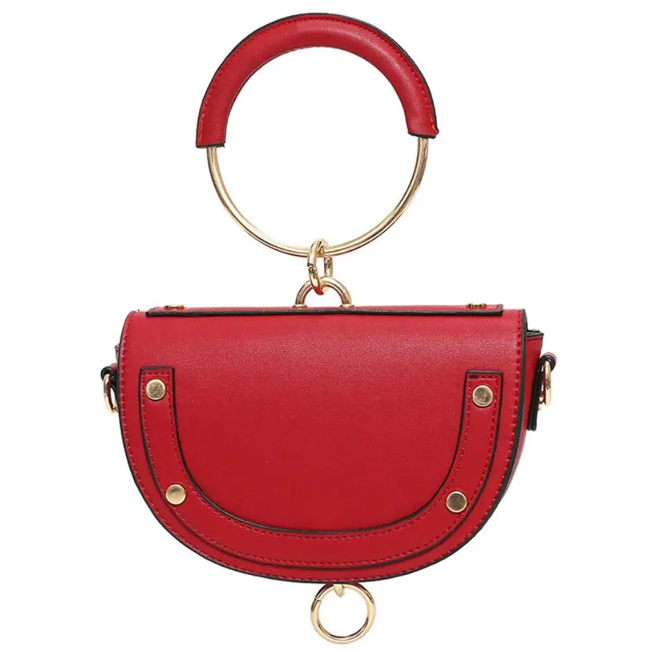 Мини седельная сумка Ретро Мода Новые Женские металлическое кольцо сумка Качество искусственная кожа женская сумка через плечо - Цвет: Красный