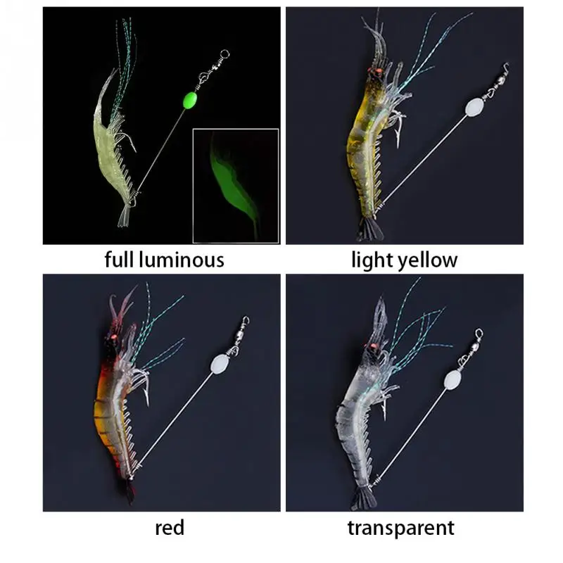 PVC Artificial Fishing Lure Bionic Shrimp Soft Bait Fishing Tackle with Hook Noctilucent Luminous Night Glow Bead