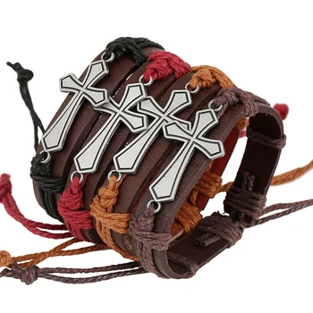 

Big Jesus Cross Genuine Leather Bracelet Antique Silver Rope Chain Charms Wrap Bracelet For Women Men Jewelry 12PCs Mix Colors