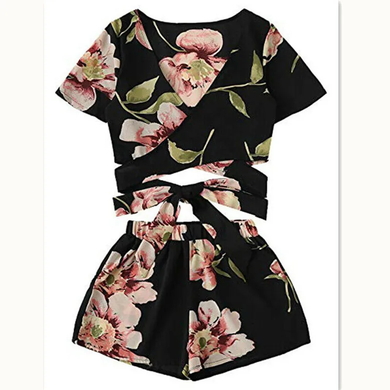 2 Piece Set Women 2019 New Summer Women Casual Floral Short Sleeve V-Neck Crop Tops+Loose Elastic Waist Shorts 2 Piece Set Women 2019 New Summer Women Casual Floral Short Sleeve V-Neck Crop Tops+Loose Elastic Waist Shorts