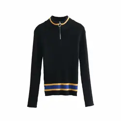Винтаж Chic полосатый вязаные свитера с высоким воротом Для женщин 2019 модная одежда с длинными рукавами эластичный тонкий женские пуловеры