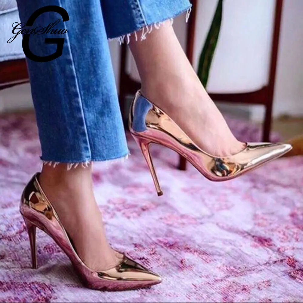

GENSHUO Women Sexy Pumps Shoes High Heeled Shoes for Women Party Prom Metallic Pointy Toe Pumps Tacones Stilettos Talon Femme