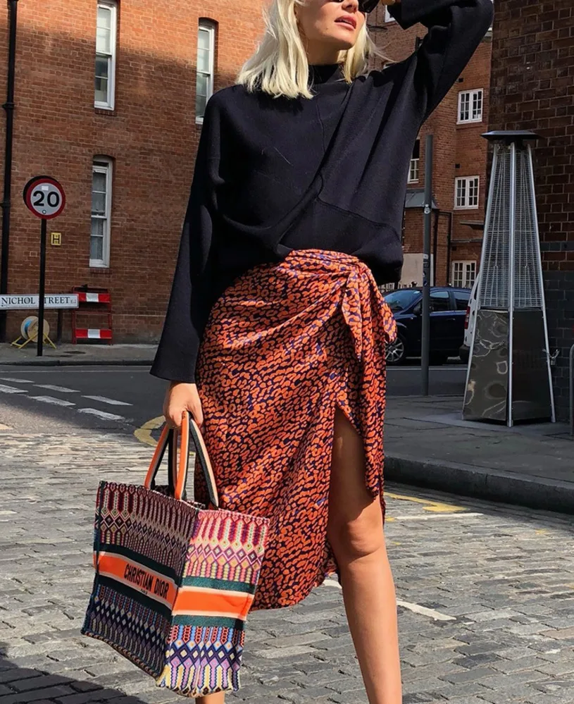 

Belted High Waist Split Wrap Skirt Women Summer Midi Skirts Animal Print Sexy Leopard Long Skirt Female Casual 2019 Orange
