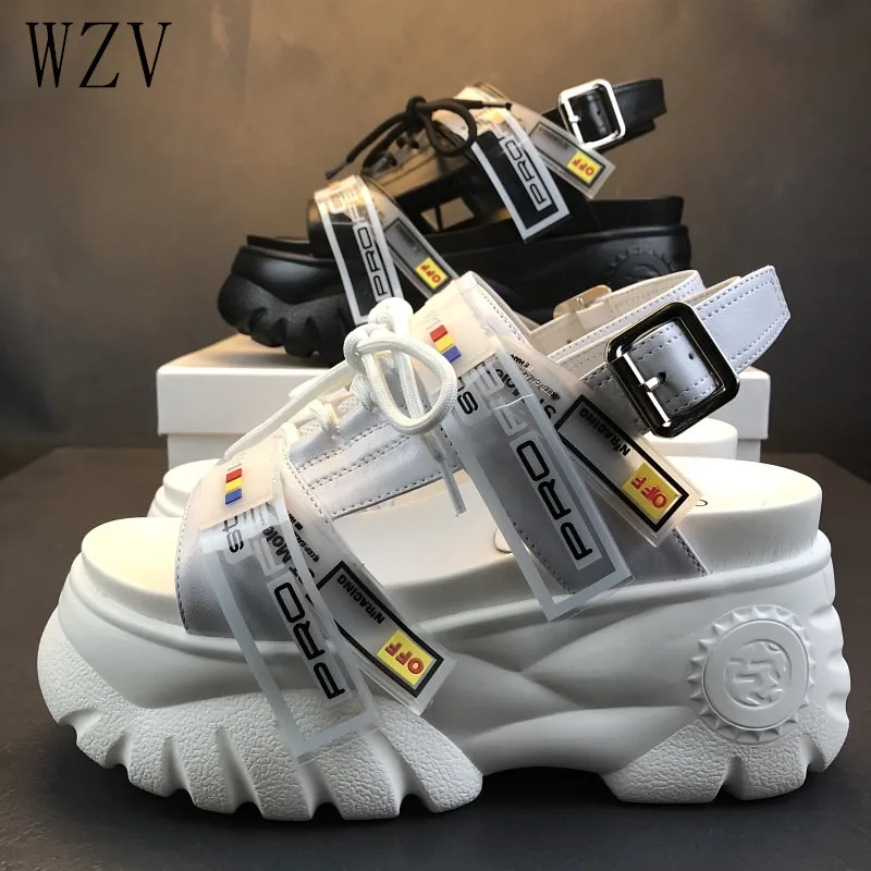 2019 Summer Chunky Sandals Women 8cm Wedge High Heels Shoes Female Buckle Platform Leather Casual Summer Slippers Woman Sandal