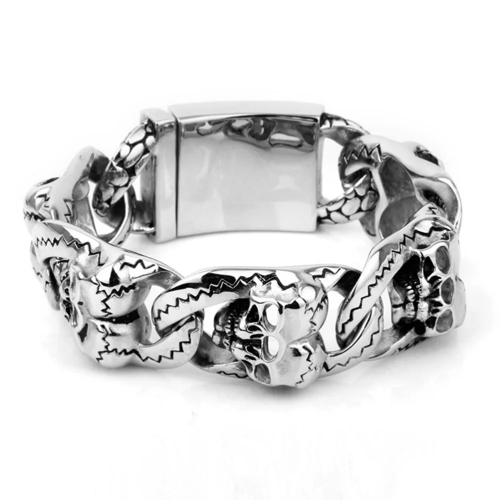 

Top Quality Men Titanium Steel Gothic Style Skull Bracelet 316L Stainless Steel Biker Punk Double Skull Design Bracelet