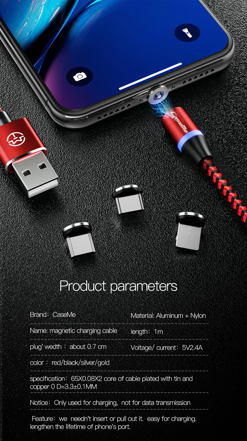 CaseMe Магнитный светодиодный USB кабель для Xiaomi 360 Плетеный Магнитный штекер type C Micro USB для iPhone кабель для быстрой зарядки Магнитный кабель