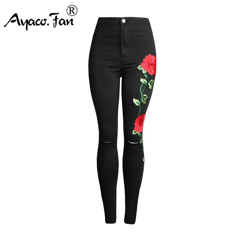 

2019 New High Waist Black Embroidery Jeans Without Ripped Vintage Woman Fashion Floral Denim Pants Trousers For Women Jeans
