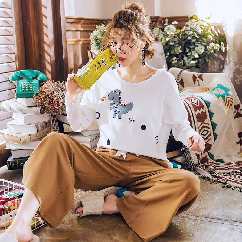 

2019 New Autumn Pure Cotton Women Pajamas Long Sleeve Wide-legged Pants Home Clothes Nightgowns Sleep Lounge 3XL Plus Size