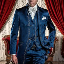 Новое поступление, синий смокинг с вышивкой для жениха, Женихи, мужские свадебные костюмы на выпускной, на заказ(пиджак+ брюки+ жилет) K: 165