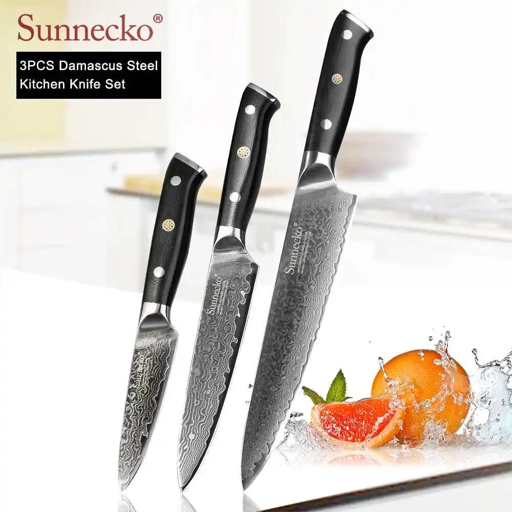 SUNNECKO дамасский нож шеф-повара Santoku для нарезки овощей нож для стейка нож для хлеба Дамасская сталь набор кухонных ножей G10 Ручка - Цвет: 3pcs Set B