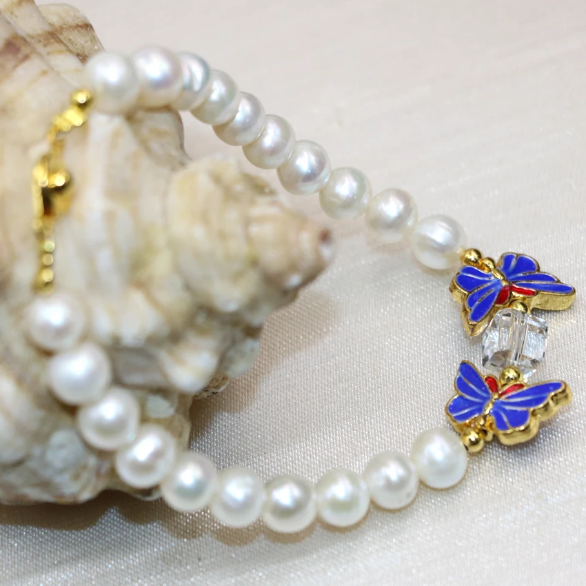 Natural 7 8mm white pearl beads beaded charms bracelets for women