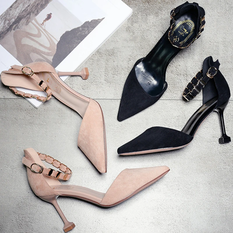 

2019 Summer New Ladies Fashion Pointed Comfortable Cat With Sexy Baotou Word Buckle With Casual Bag Wild High Heel Sandals 5-8cm