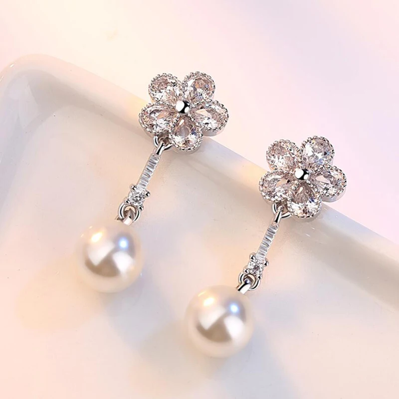 

Fashion 925 Sterling Silver Earrings For Women Wedding Jewelry Exquisite Crystal Flower Pearl Earring Lady Valentine's Day Gifts