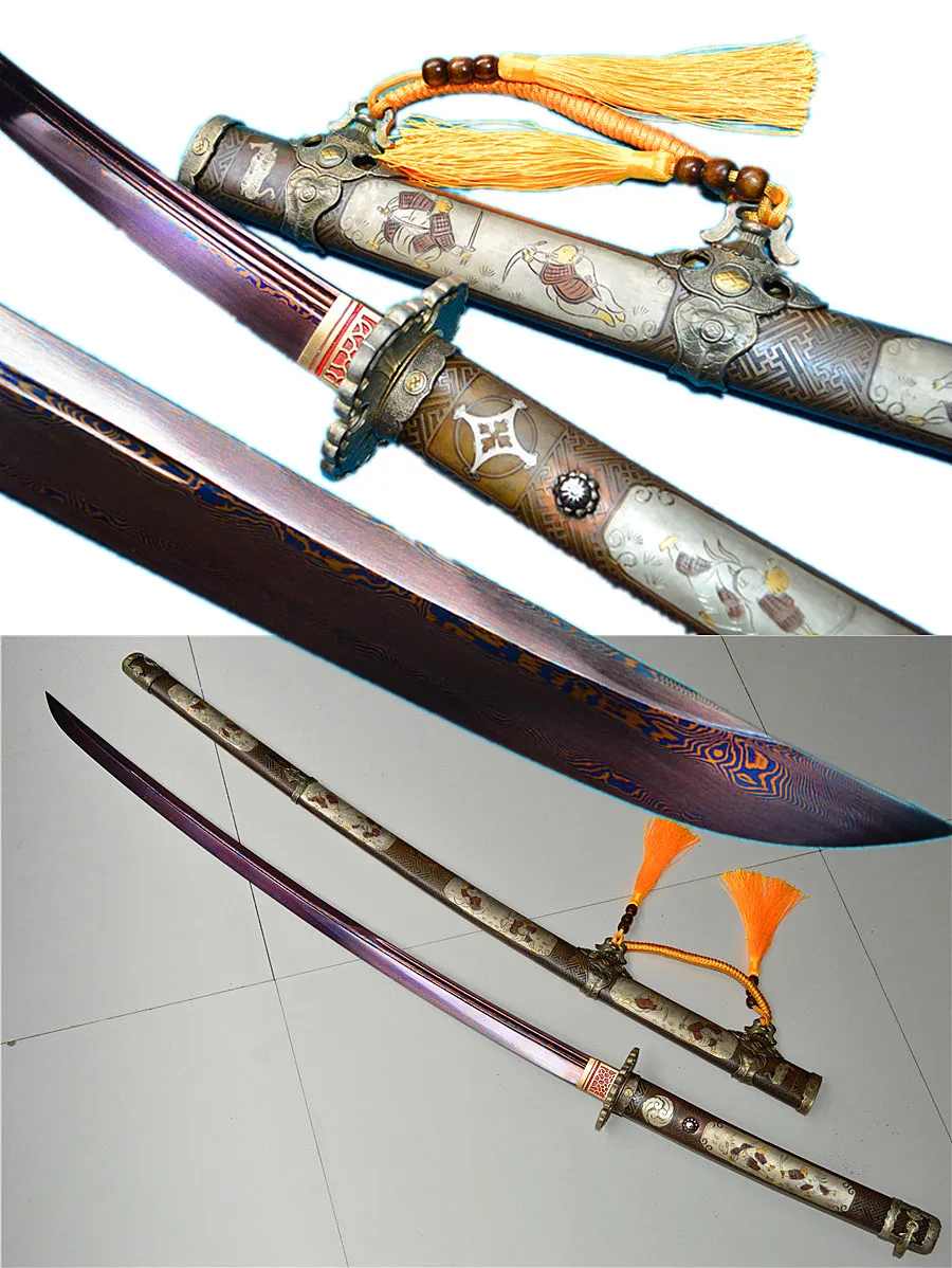 High Quality Officer Sword Japanese Samurai Katana Sharp Folded 608/Damascus Steel Blad Copper Sheath