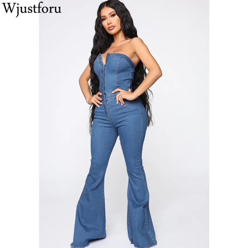

Wjustforu Strapless Sexy Denim Jumpsuit Women Off Shoulder Botton Jeans Wide Leg Bodysuit Female Bodycon Casual Overalls Vestido
