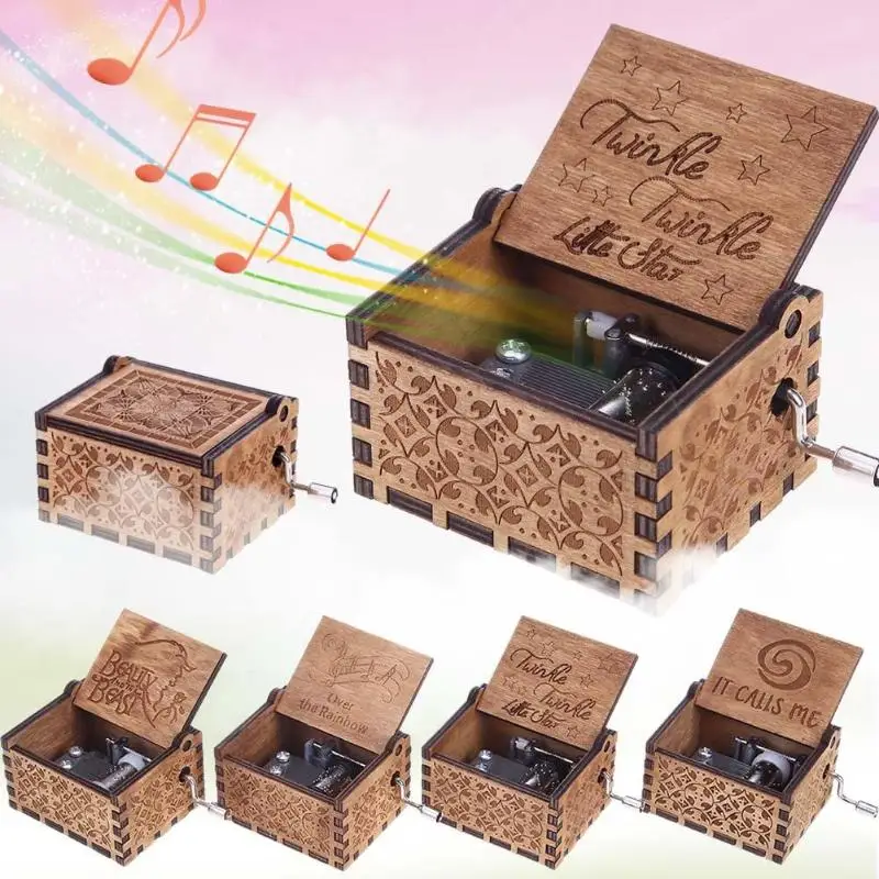 Caja de música de madera pequeña estrella mano manivela tema caja de música para niños regalos de cumpleaños caja de artesanía tallada antigua Caja de música de madera pequeña estrella mano manivela tema caja de música para niños regalos de cumpleaños caja de artesanía tallada antigua